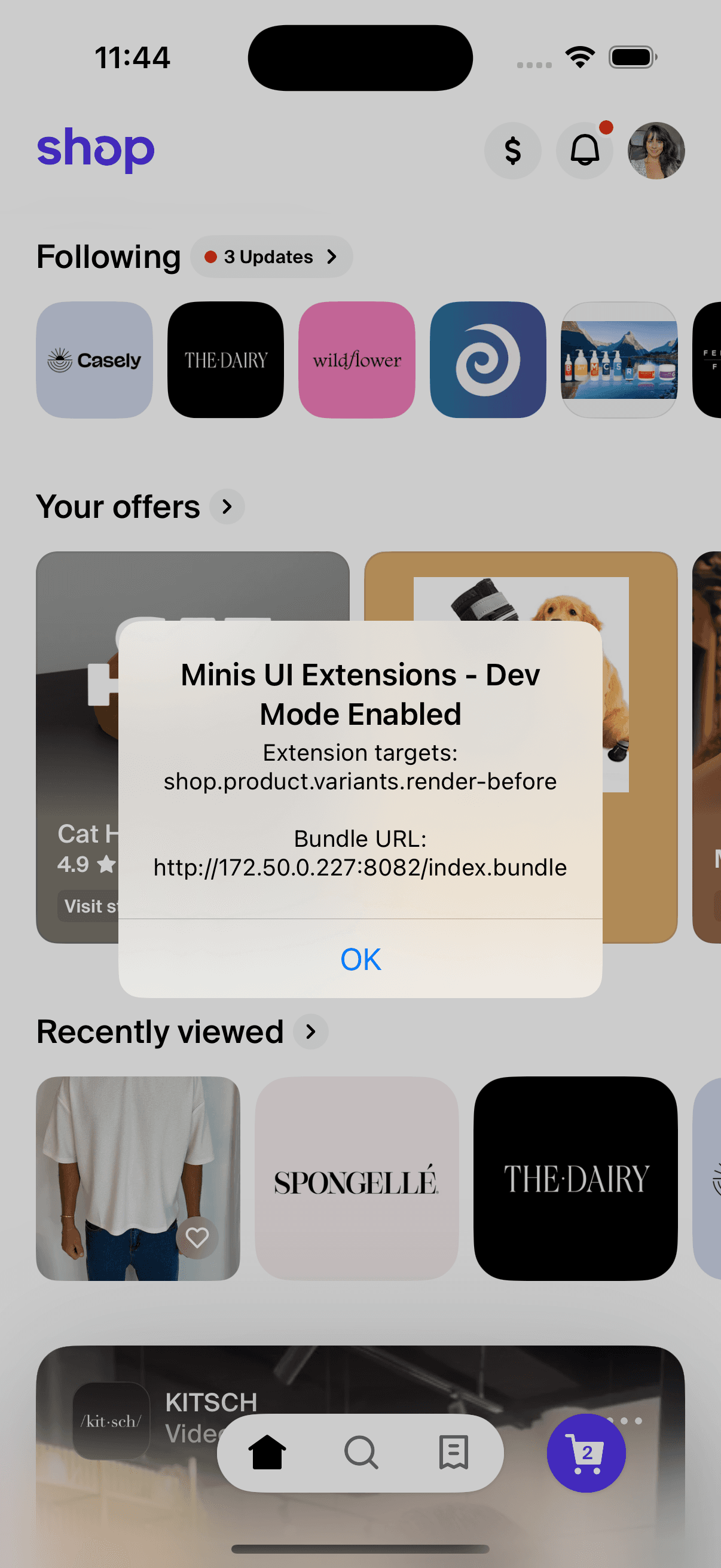 Shop app prompt informing you that the app has detected a Shop Mini running in development mode