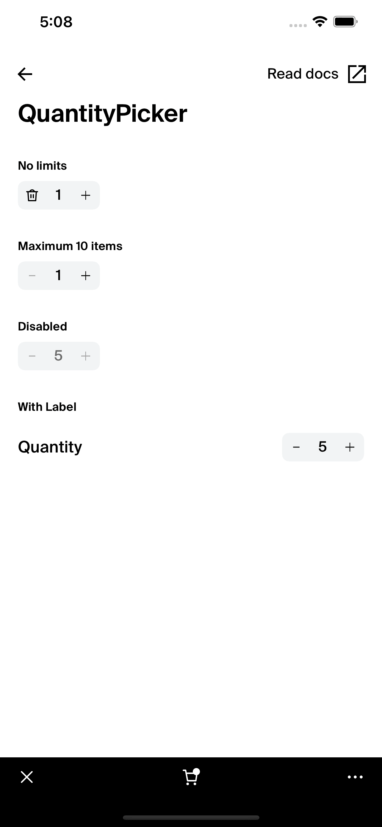 Example of the QuantityPicker component